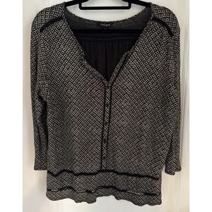 LUCKY Brand Top Womens Ikat Top Button Blouse Black Checkered Button Up Large